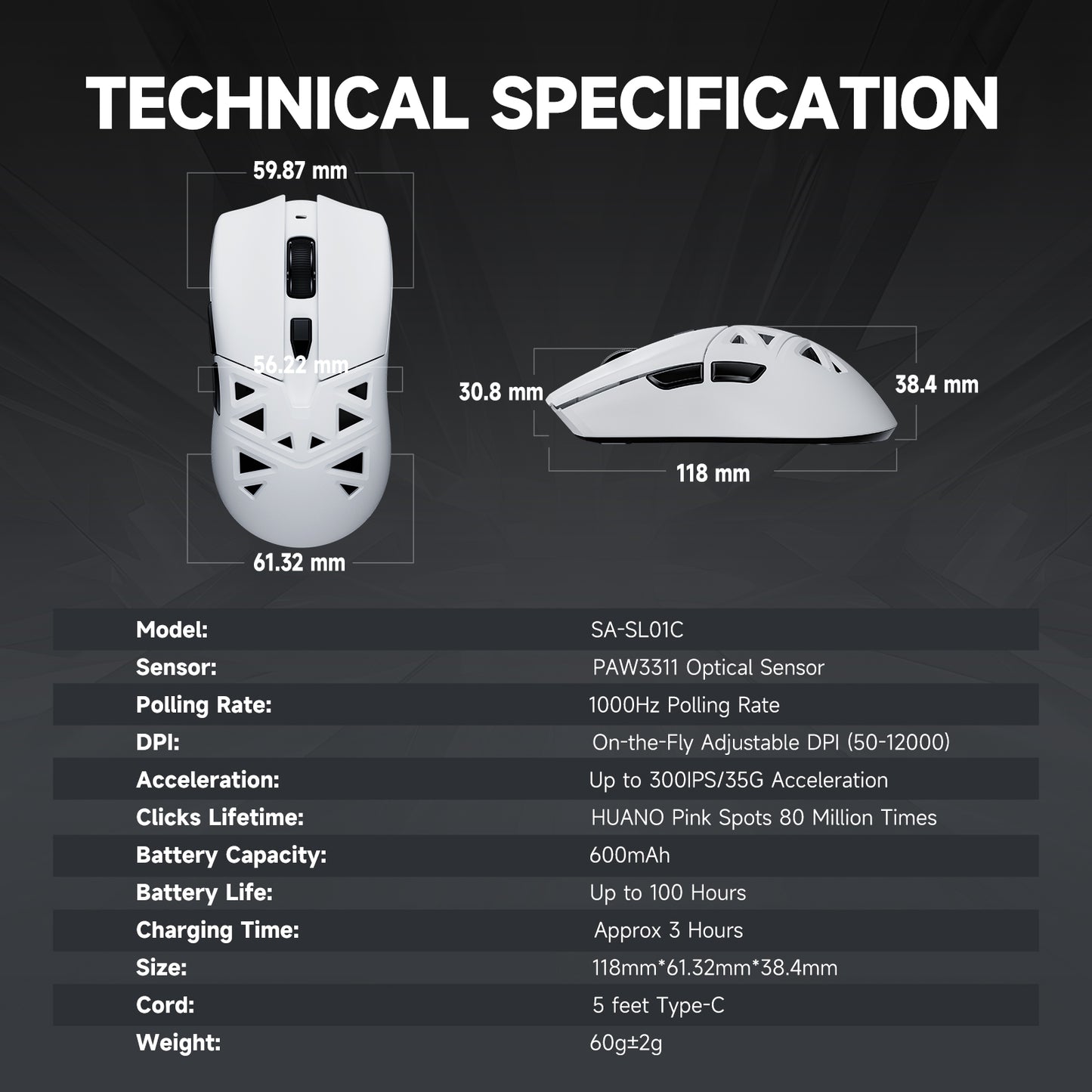 RAWM SL01-C PAW3311 Wireless Hollow Gaming Mouse 12000DPI 60g 6 Programmable Buttons