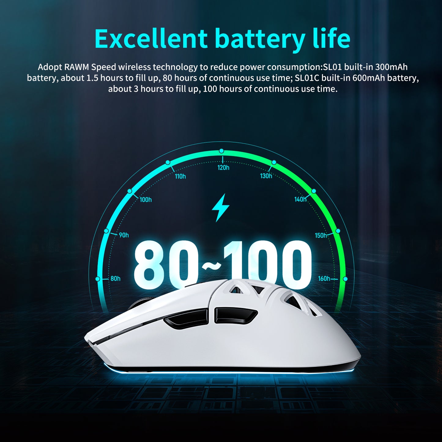 RAWM SL01-C PAW3311 Wireless Hollow Gaming Mouse 12000DPI 60g 6 Programmable Buttons