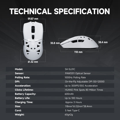 RAWM SL01-C PAW3311 Wireless Hollow Gaming Mouse 12000DPI 60g 6 Programmable Buttons
