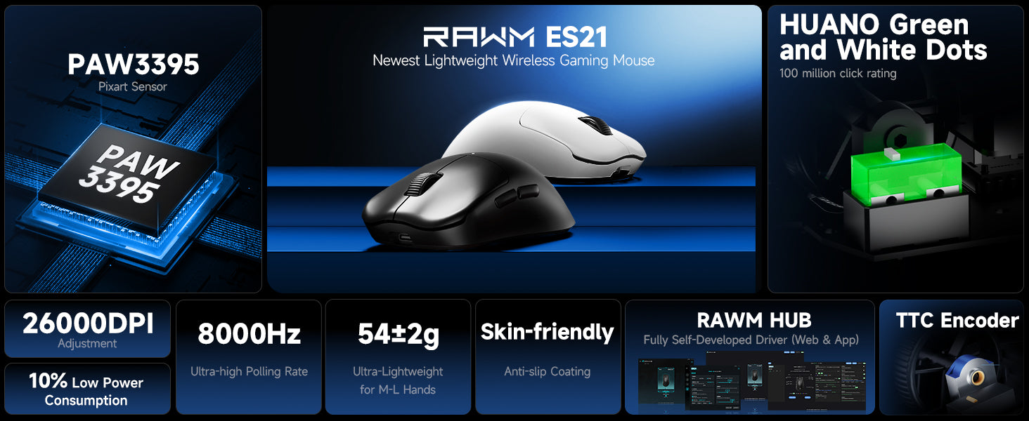 RAWM ES21 Best 1K Gaming Mouse with Adjustable Side Buttons 26K