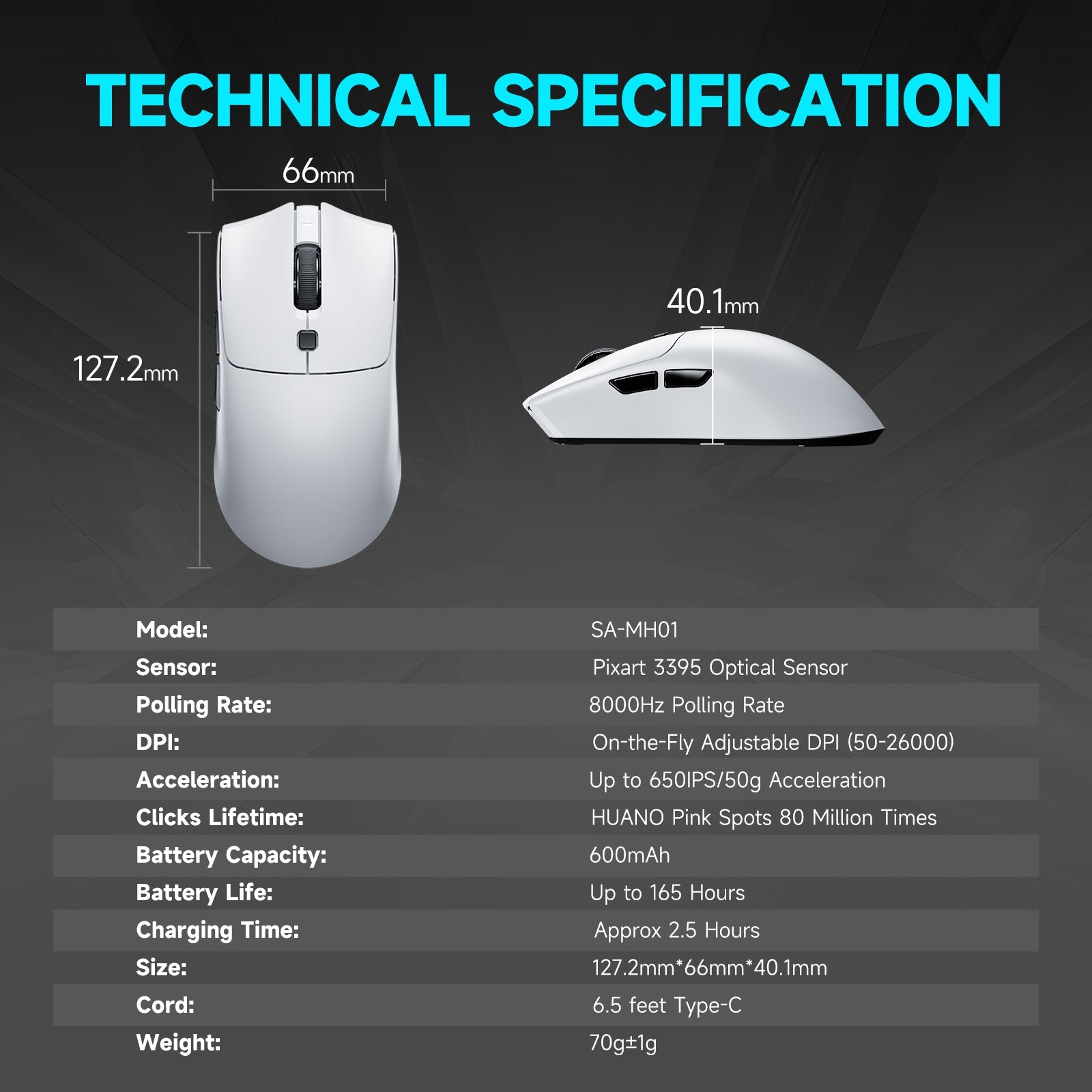 RAWM MH01 Set, 8k Wireless Gaming Mouse with Long - lasting Battery Life PAW3395, 1 shell, 3 micro switches - RAWM GAMING